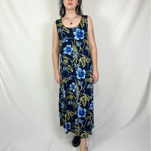 Vintage 90s Blue & Green Sleeveless Hawaiian Floral Maxi Dress XL